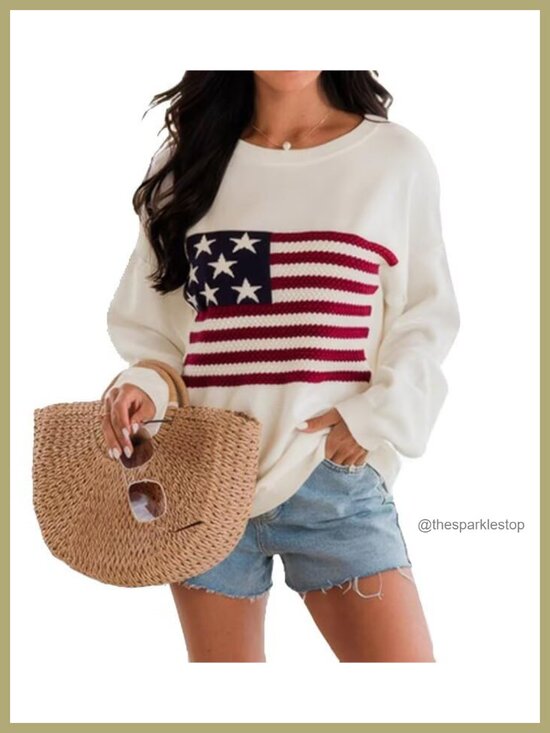 Sweaters - American Flag Knit Pullover Sweater Viscose Blend Long Sleeve Crew Neck